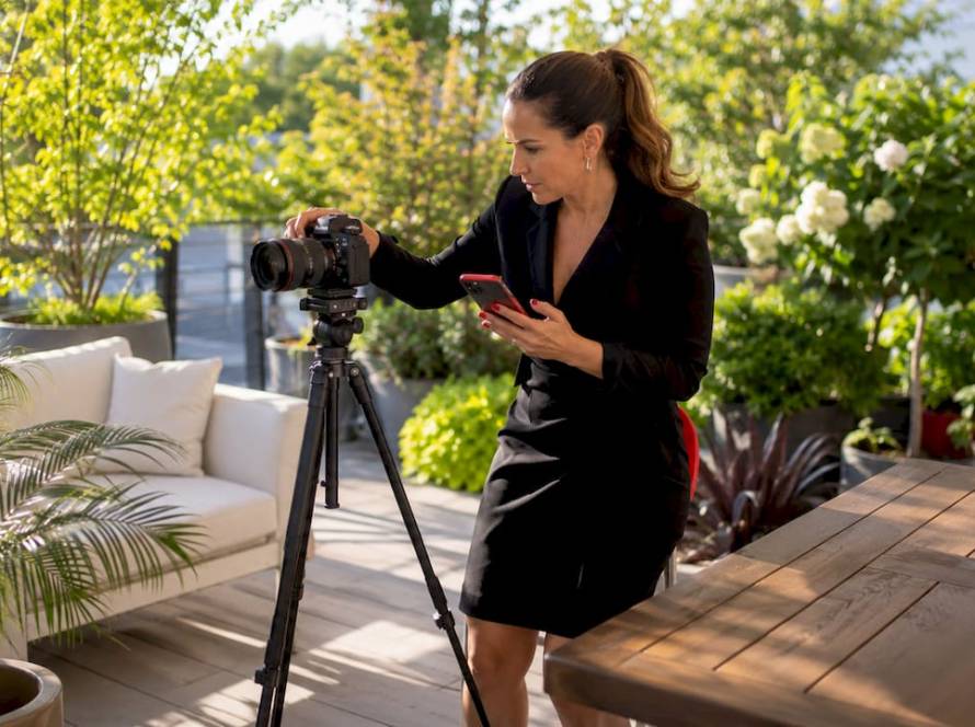 Photographer preparing cohesive corporate photoshoot setup