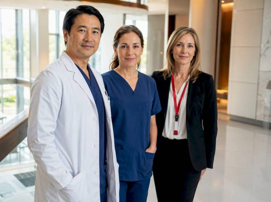 Three healthcare professionals preparing for headshots