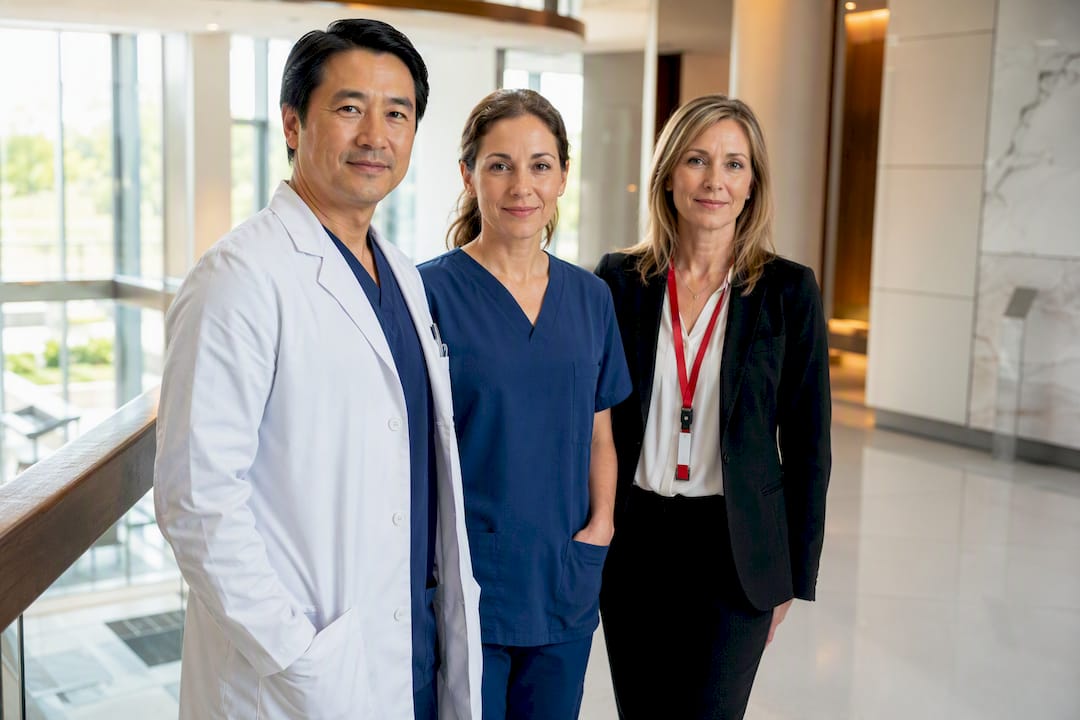 Three healthcare professionals preparing for headshots