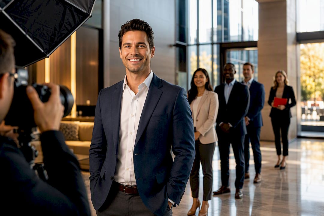 Employees moving through a corporate headshot session