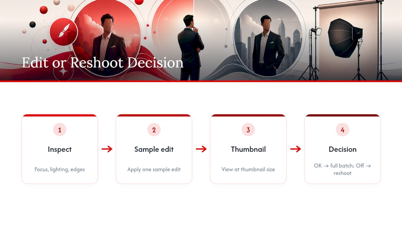 Decision flow for editing or reshooting headshots