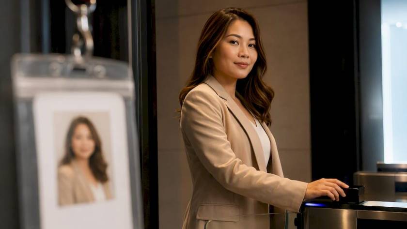 Employee wearing professional ID badge portrait