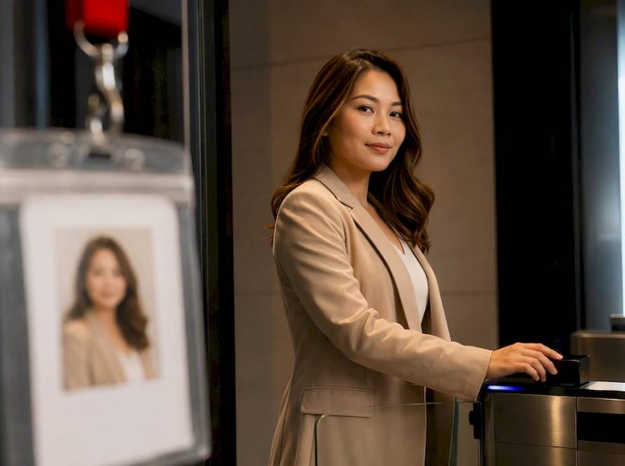 Employee wearing professional ID badge portrait