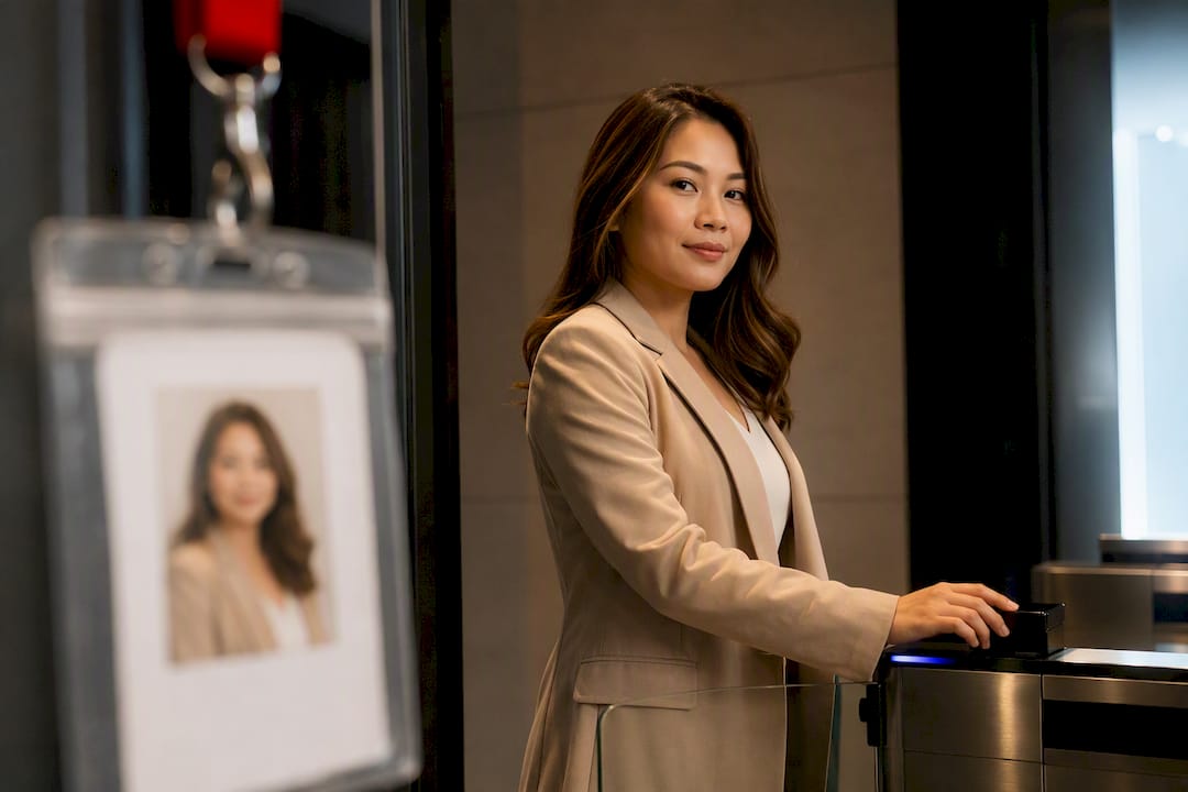 Employee wearing professional ID badge portrait