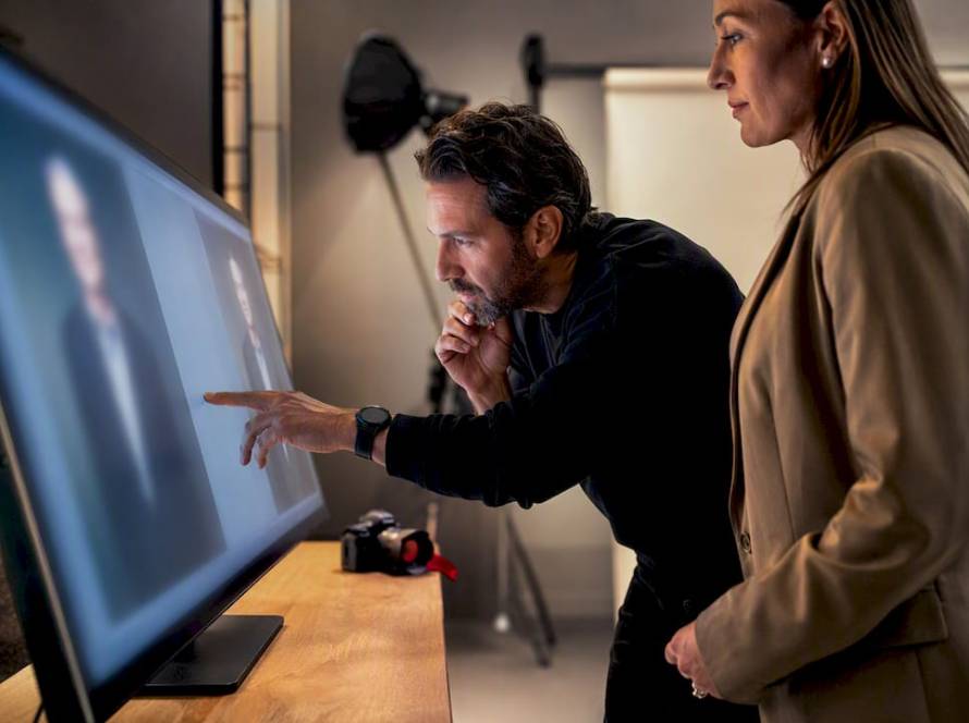 Executive reviewing headshot on large monitor