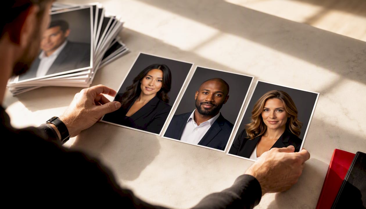Photographer curating finalist headshot portraits