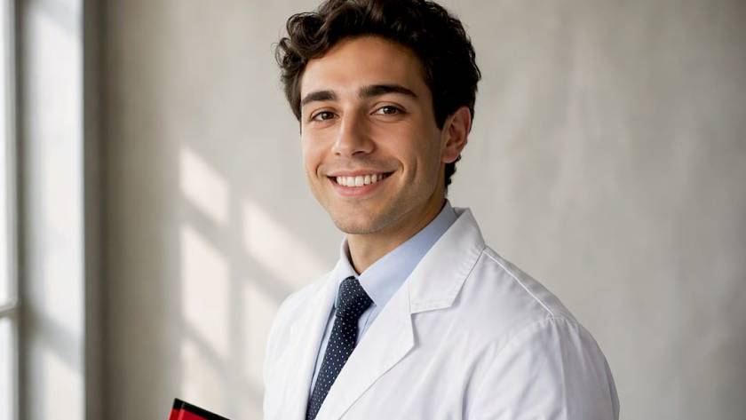 Medical resident in white coat headshot studio