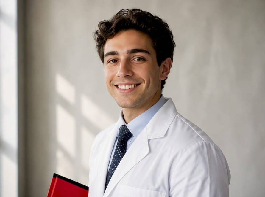 Medical resident in white coat headshot studio