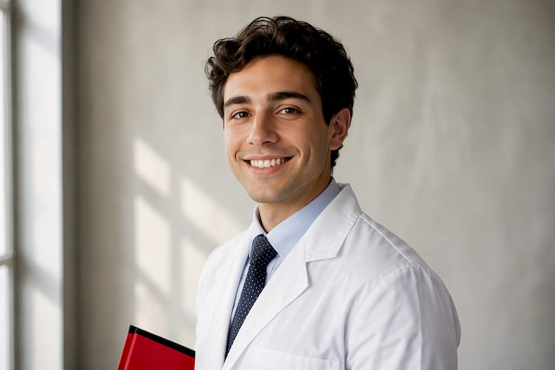 Medical resident in white coat headshot studio