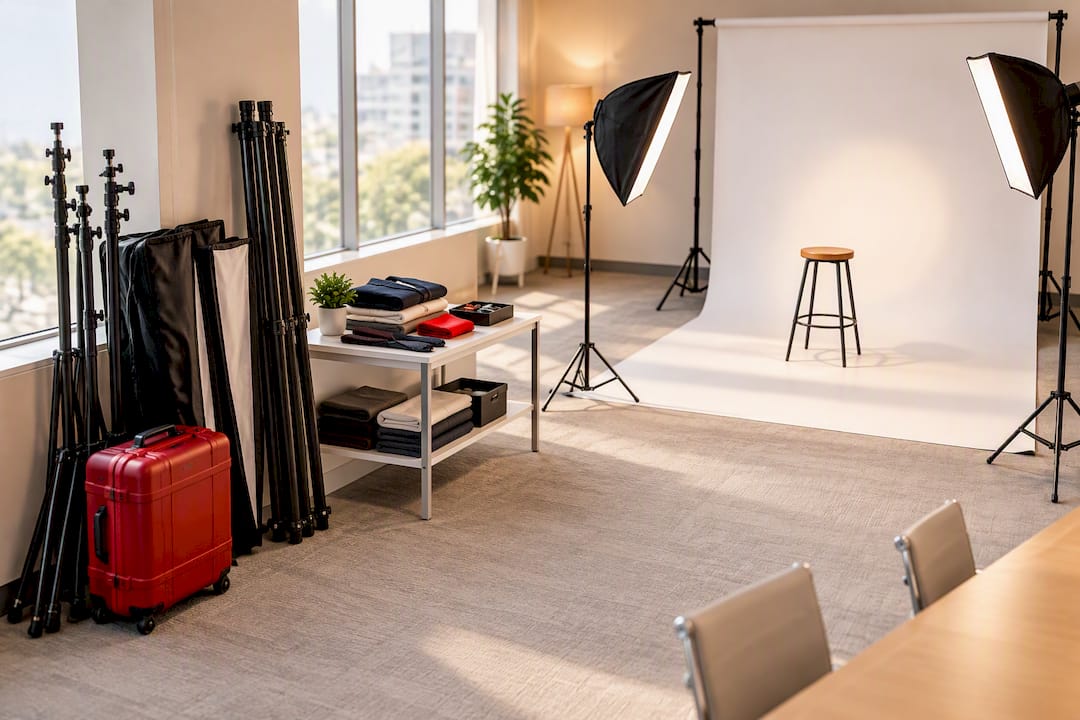 Organized headshot equipment staging corner