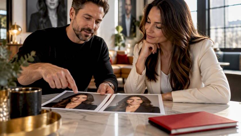 Photographer and client reviewing headshot portraits