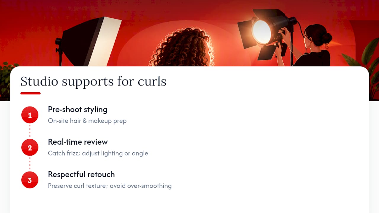 Three studio supports for curly hair headshots