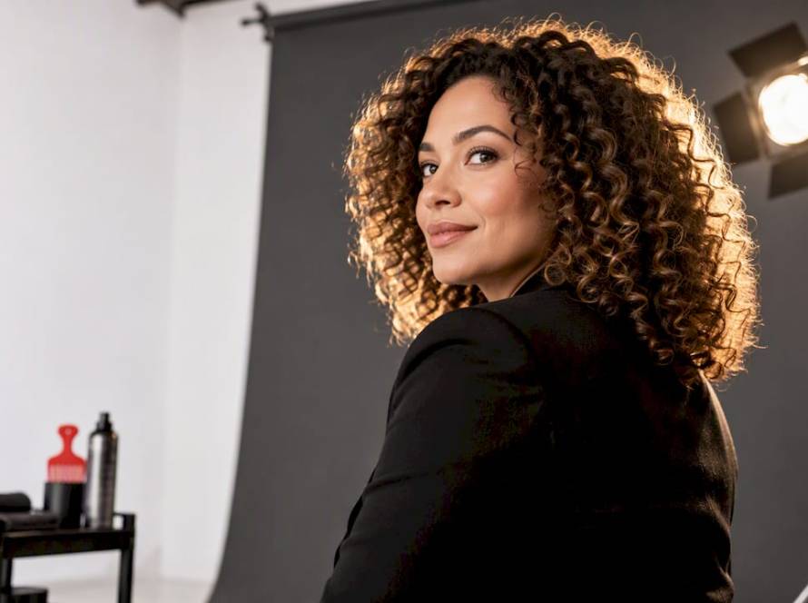 Curly-haired executive with defined backlit curls