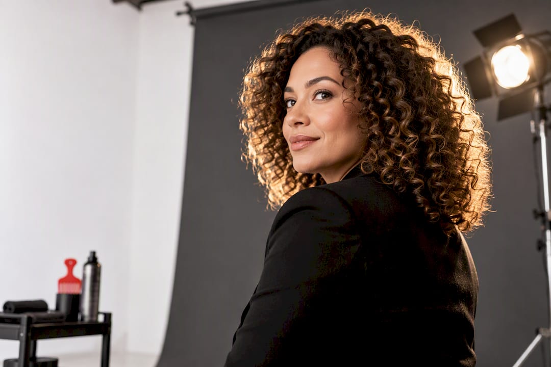 Curly-haired executive with defined backlit curls