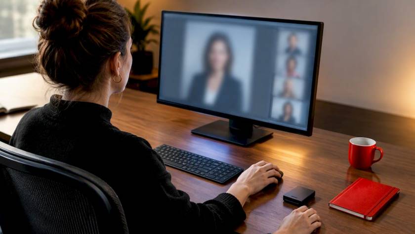 Photographer reviewing an executive headshot