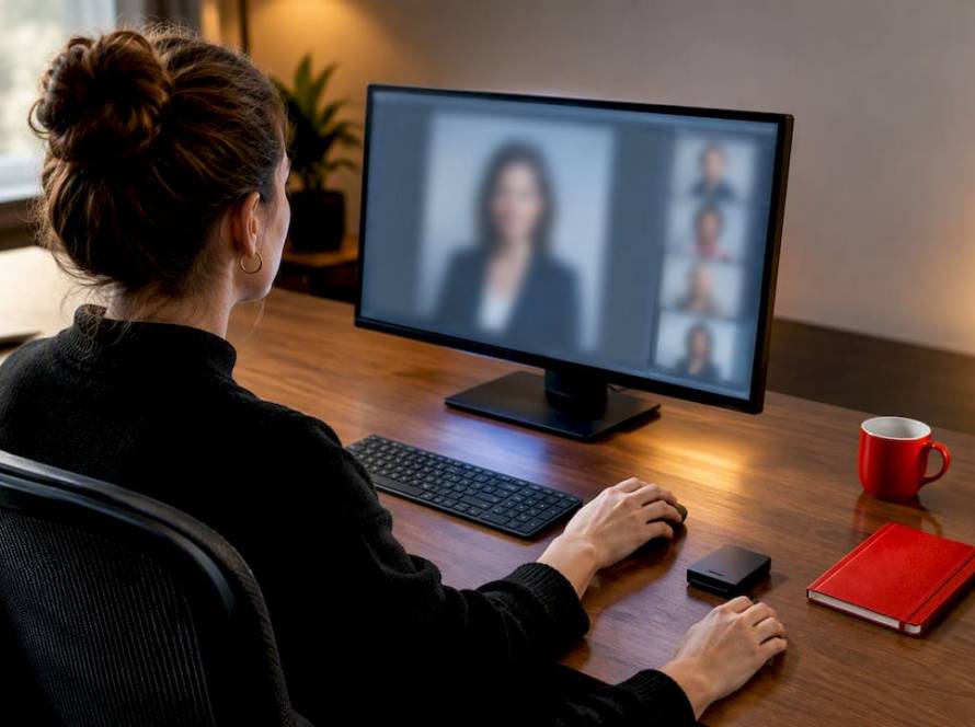 Photographer reviewing an executive headshot