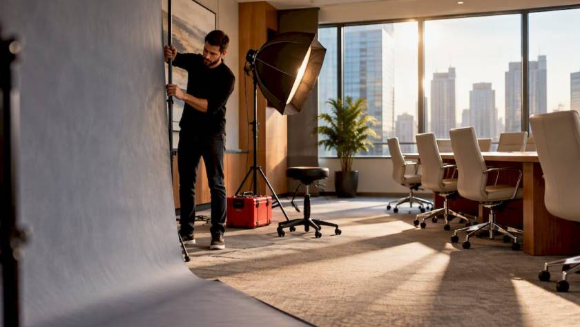Portable headshot station in office boardroom