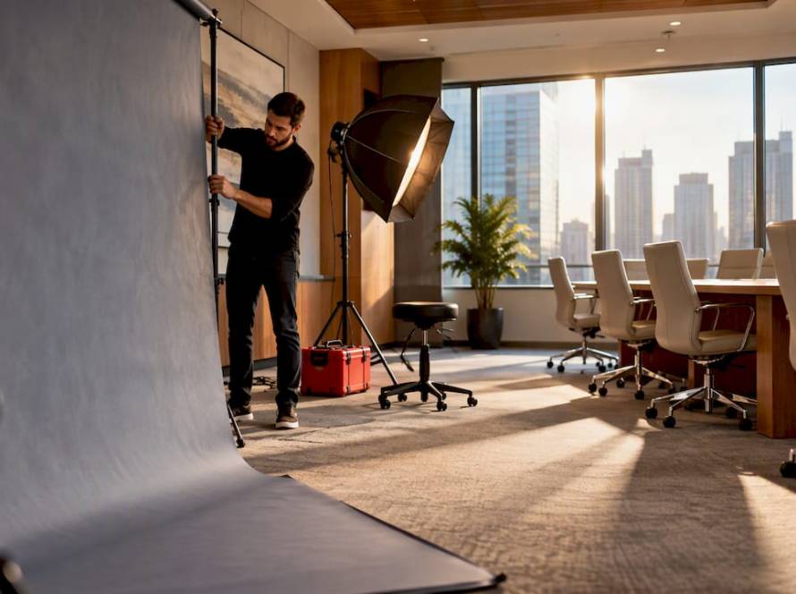 Portable headshot station in office boardroom
