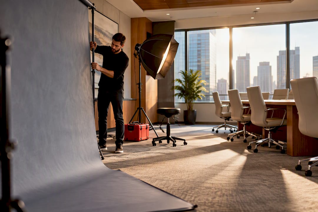Portable headshot station in office boardroom