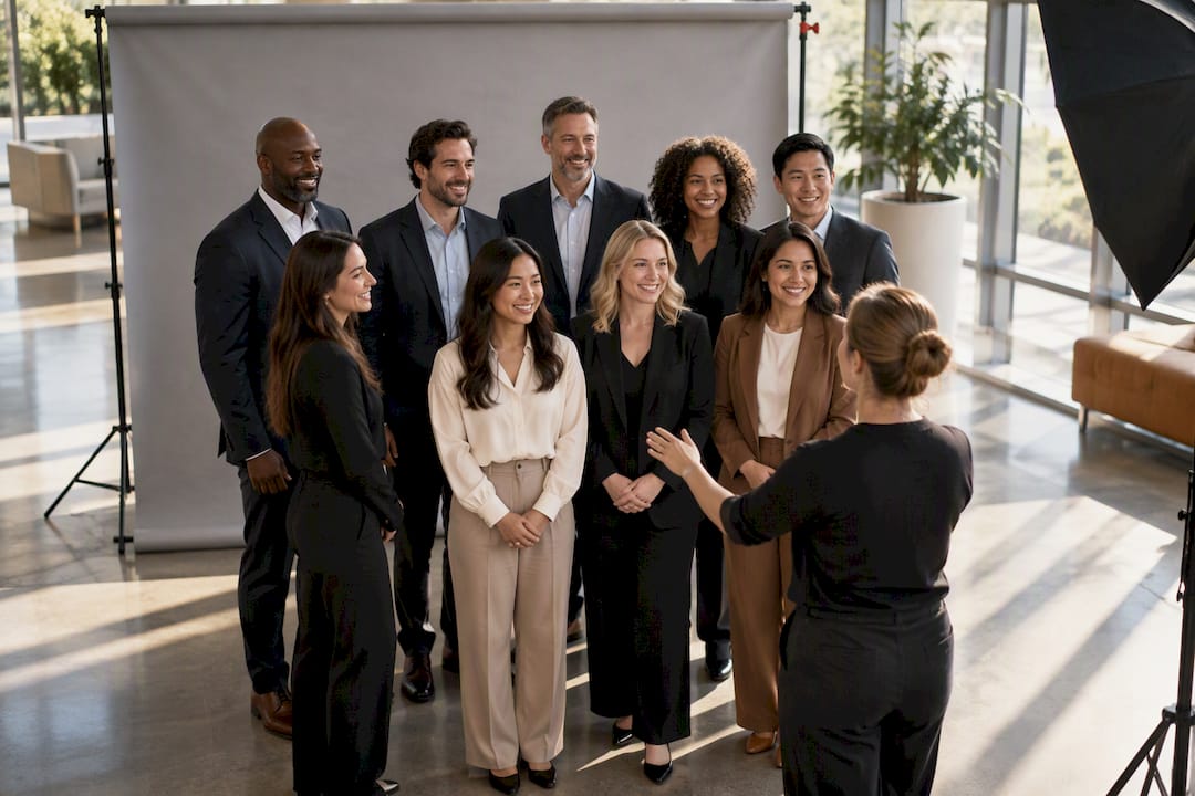 Employees arranging for corporate group portrait