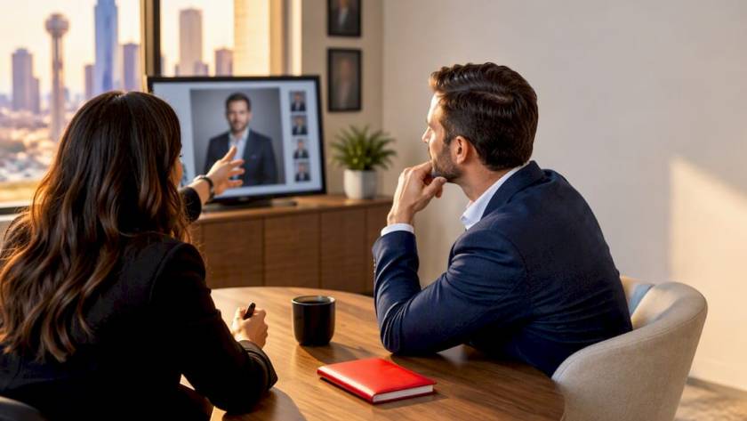 Executive discussing headshot goals with photographer