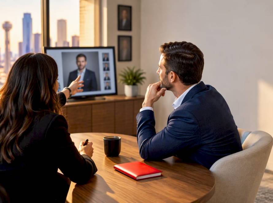 Executive discussing headshot goals with photographer