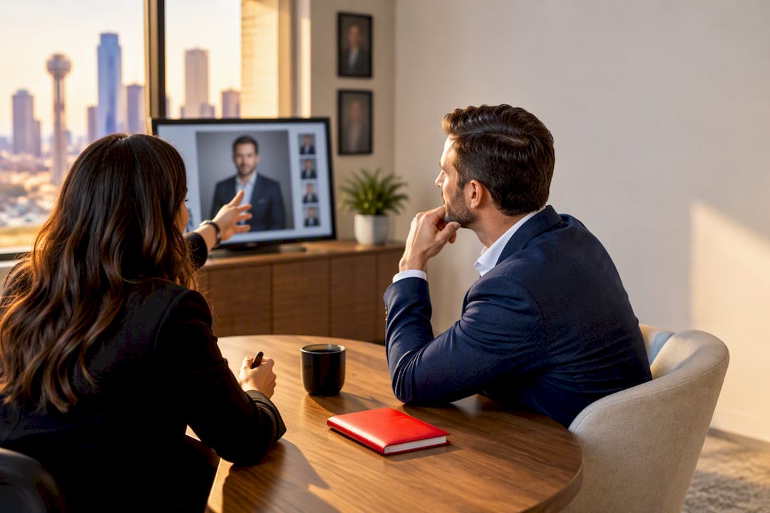 Executive discussing headshot goals with photographer